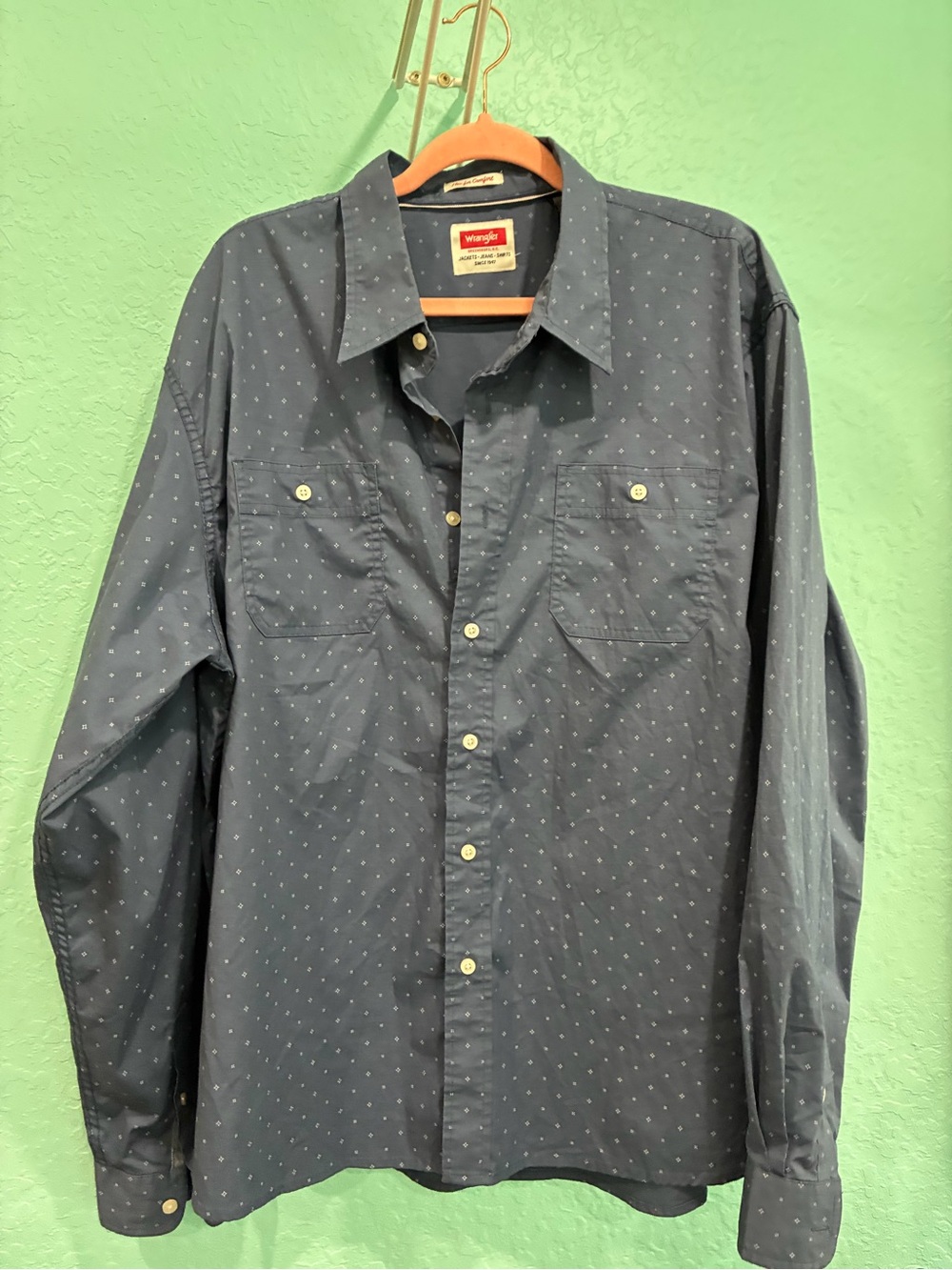 Wrangler Navy Dot-Pattern Long Sleeve Button-Down Shirt 2XL western flex comfort